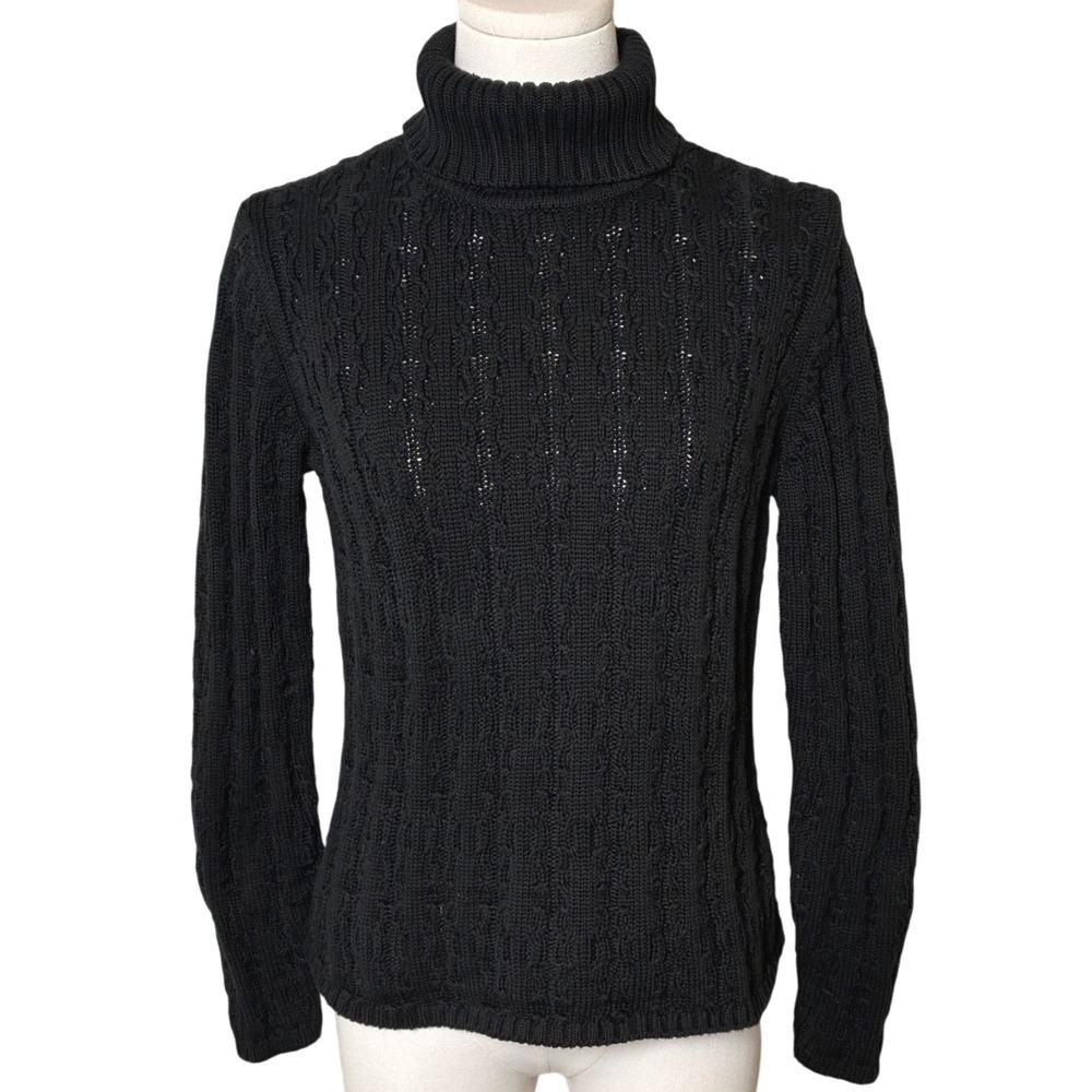 Talbots Petites Black Cable Knit Turtleneck Sweater 100% Cotton Korea SP